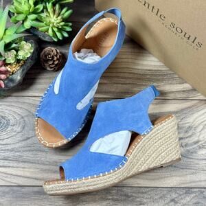 NIB Gentle Souls Cody 8M Blue Suede Slingback Espadrille Wedge Sandals